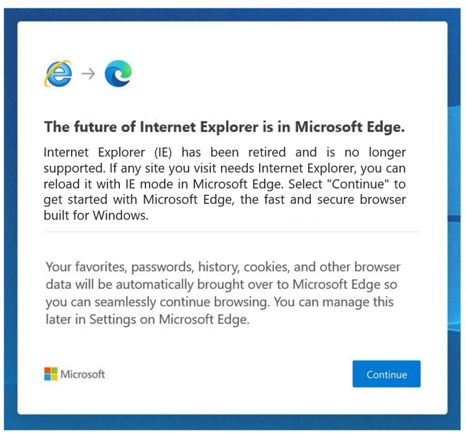 Notificação do Internet Explorer para Edge