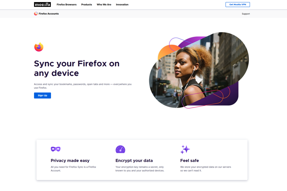Página de destino do Firefox Sync